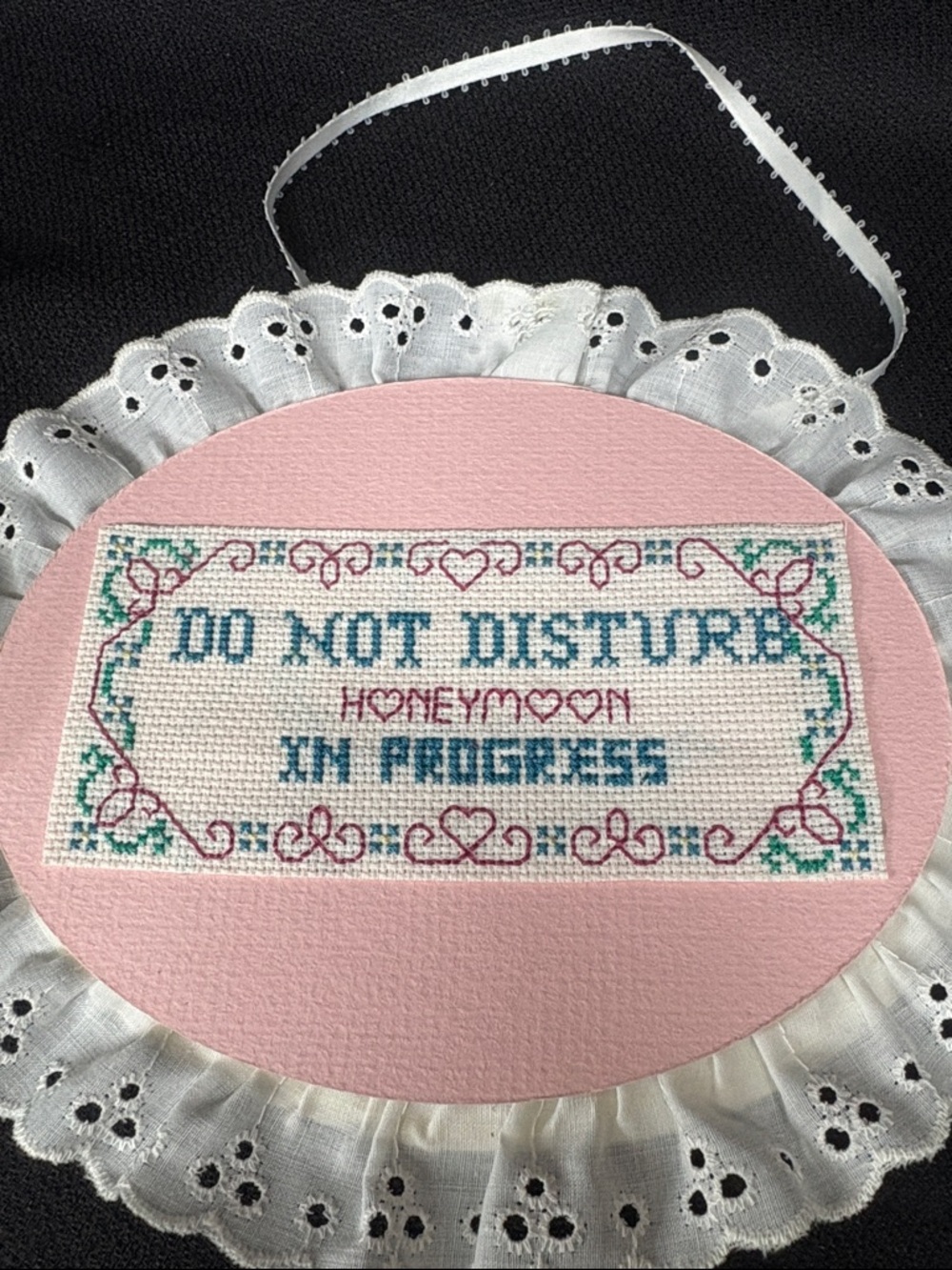 Do Not Disturb 'Honeymoon in Progress' Cross-Stitch door hanger - Picture 2 of 5